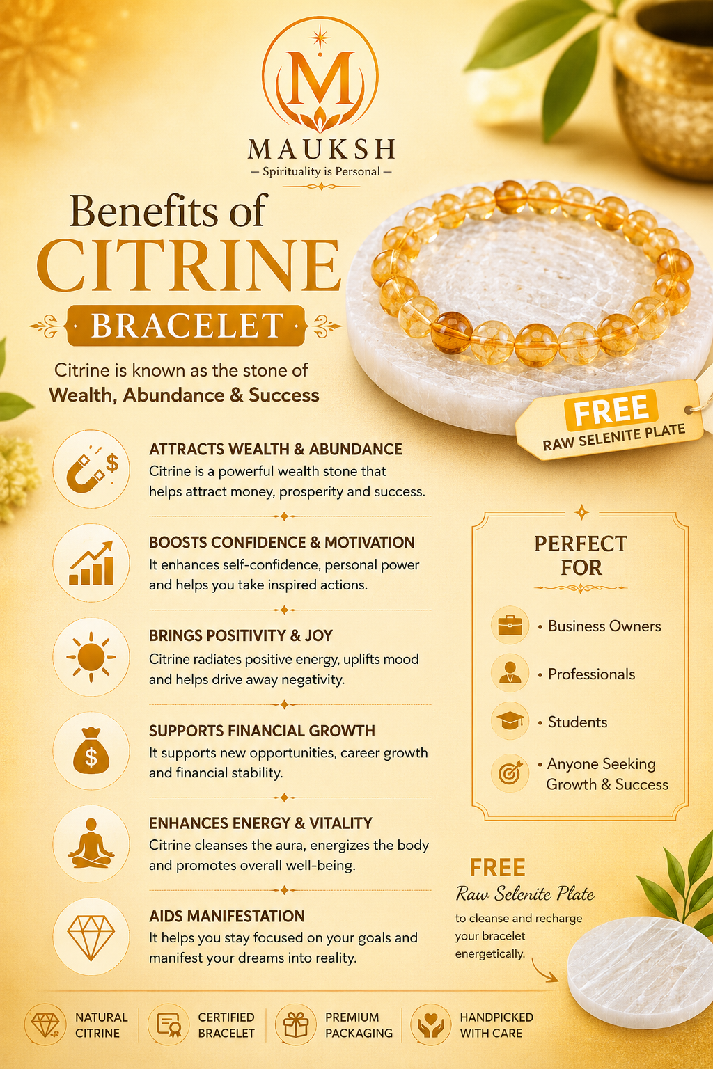 Original Citrine Bracelet with Free Raw Selenite Plate for Prosperity, Confidence & Success | Natural Crystal | Certified | Mauksh