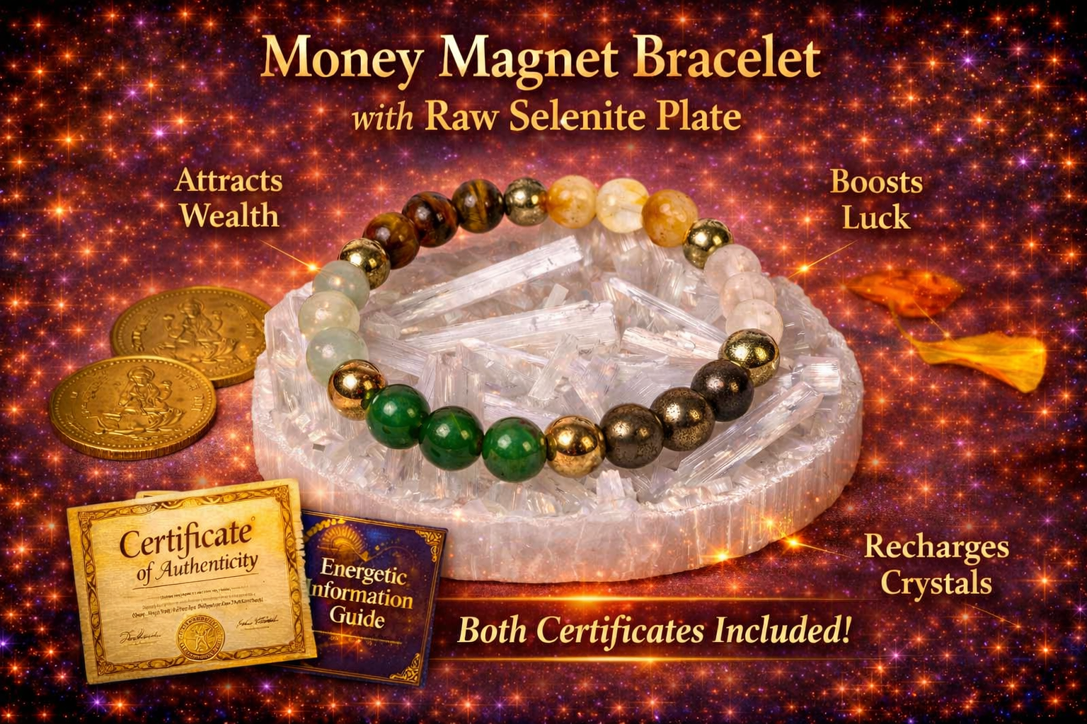 Money Magnet Bracelet with Free Raw Selenite Plate for Wealth, Luck & Success | Certified | Mauksh