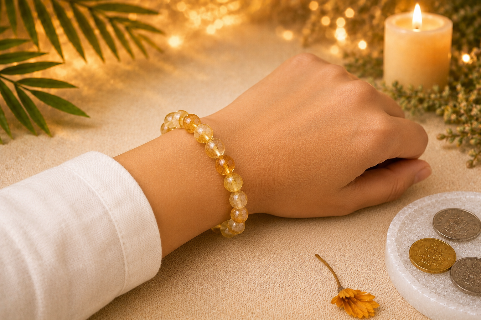 Original Citrine Bracelet with Free Raw Selenite Plate for Prosperity, Confidence & Success | Natural Crystal | Certified | Mauksh