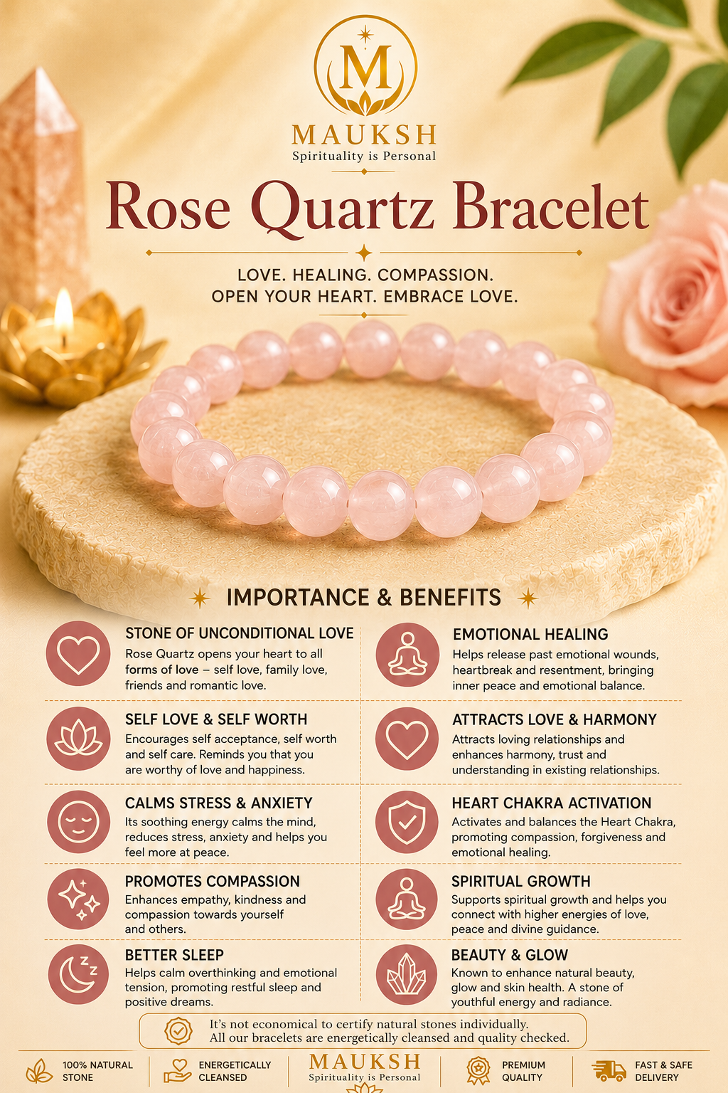 Original 7 Chakra & Rose Quartz Bracelet Combo for Love, Balance & Positive Energy | Natural Crystals | Certified | Mauksh