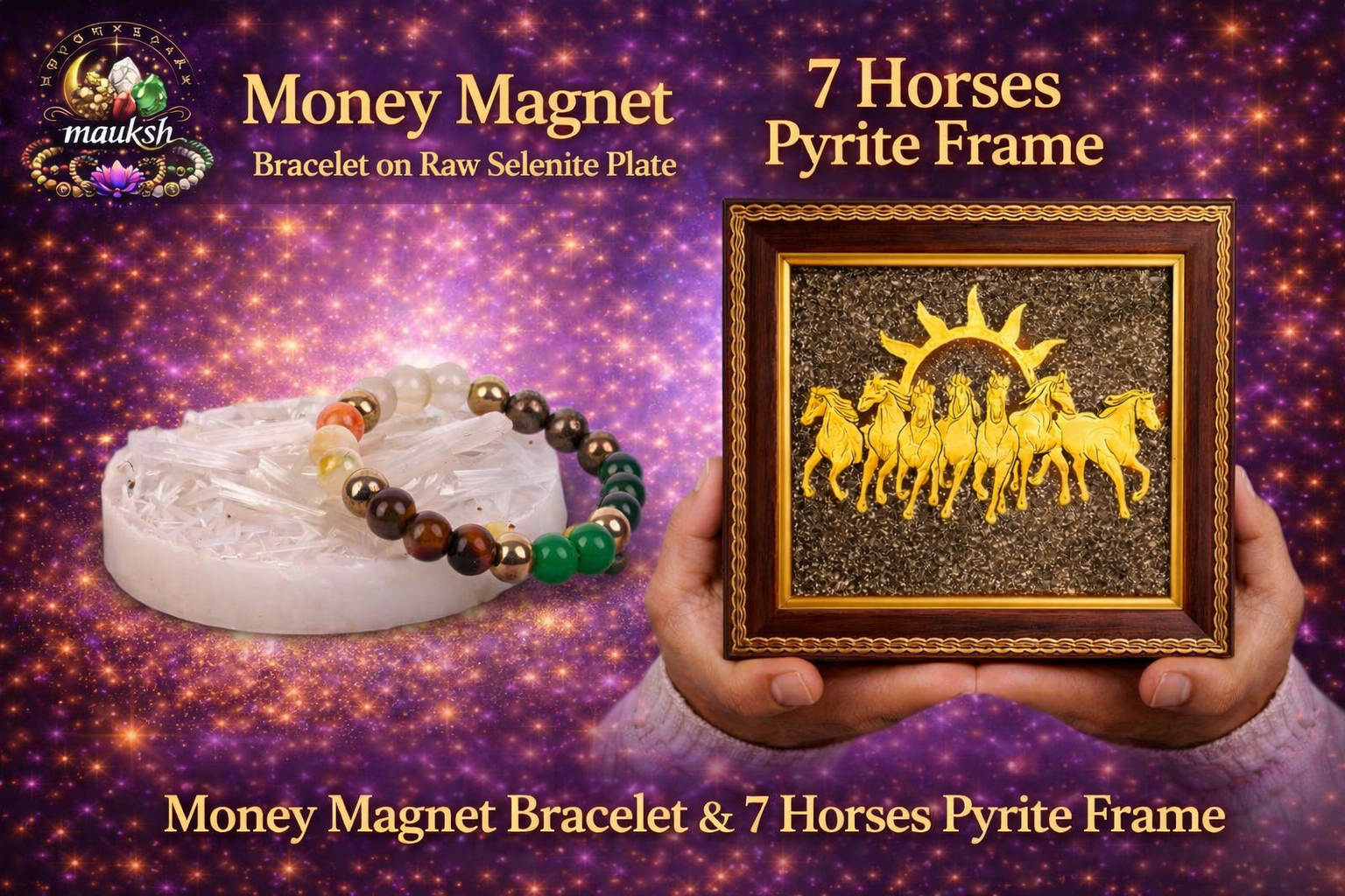 Ultimate Business Starter Combo – Pyrite 7 Horses Frame, Money Magnet Bracelet & Raw Selenite Charging Plate | Certified | Mauksh