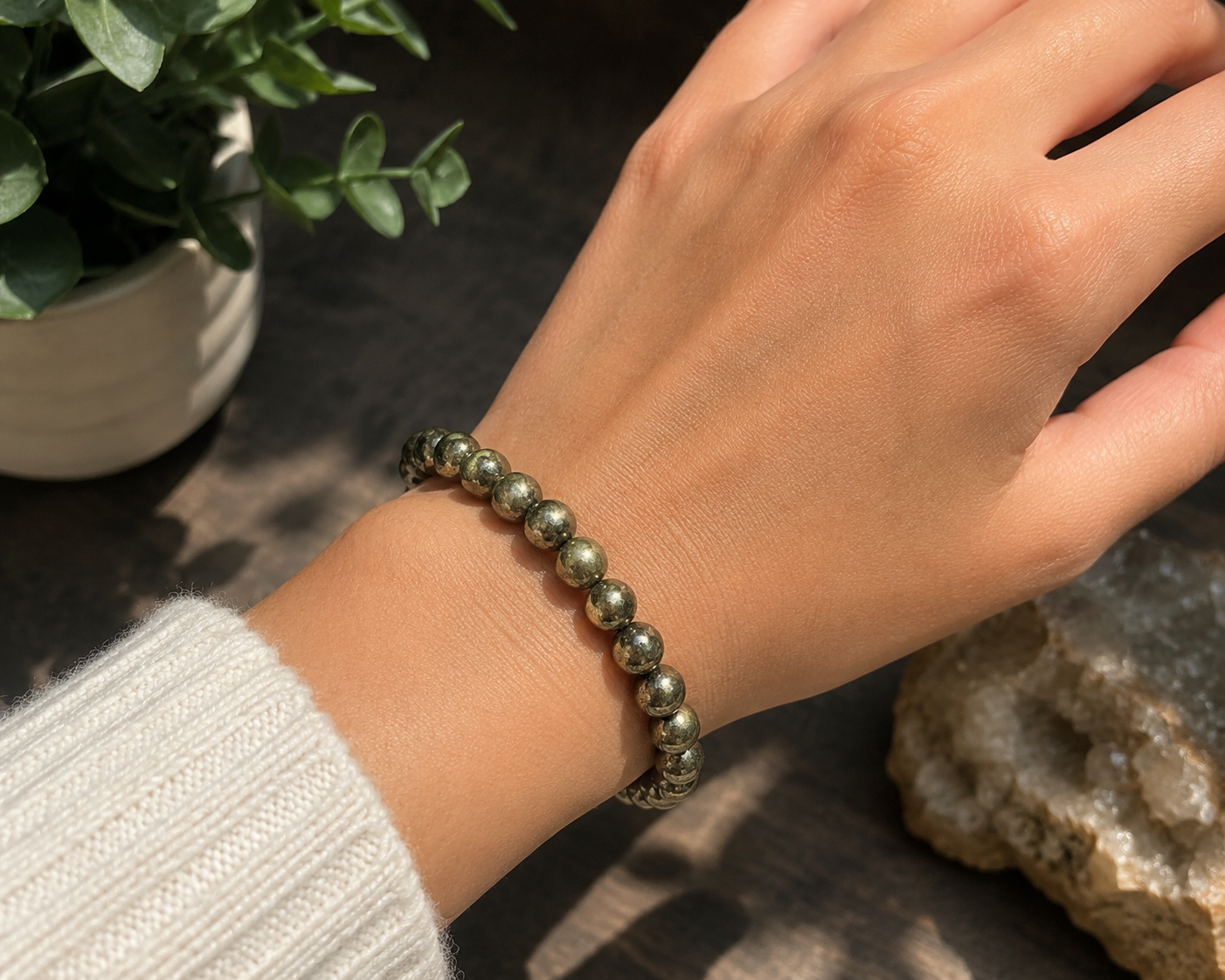 Original Pyrite Bracelet with Free Selenite Plate for Wealth & Money Attraction | Natural Crystal | Certified | Mauksh