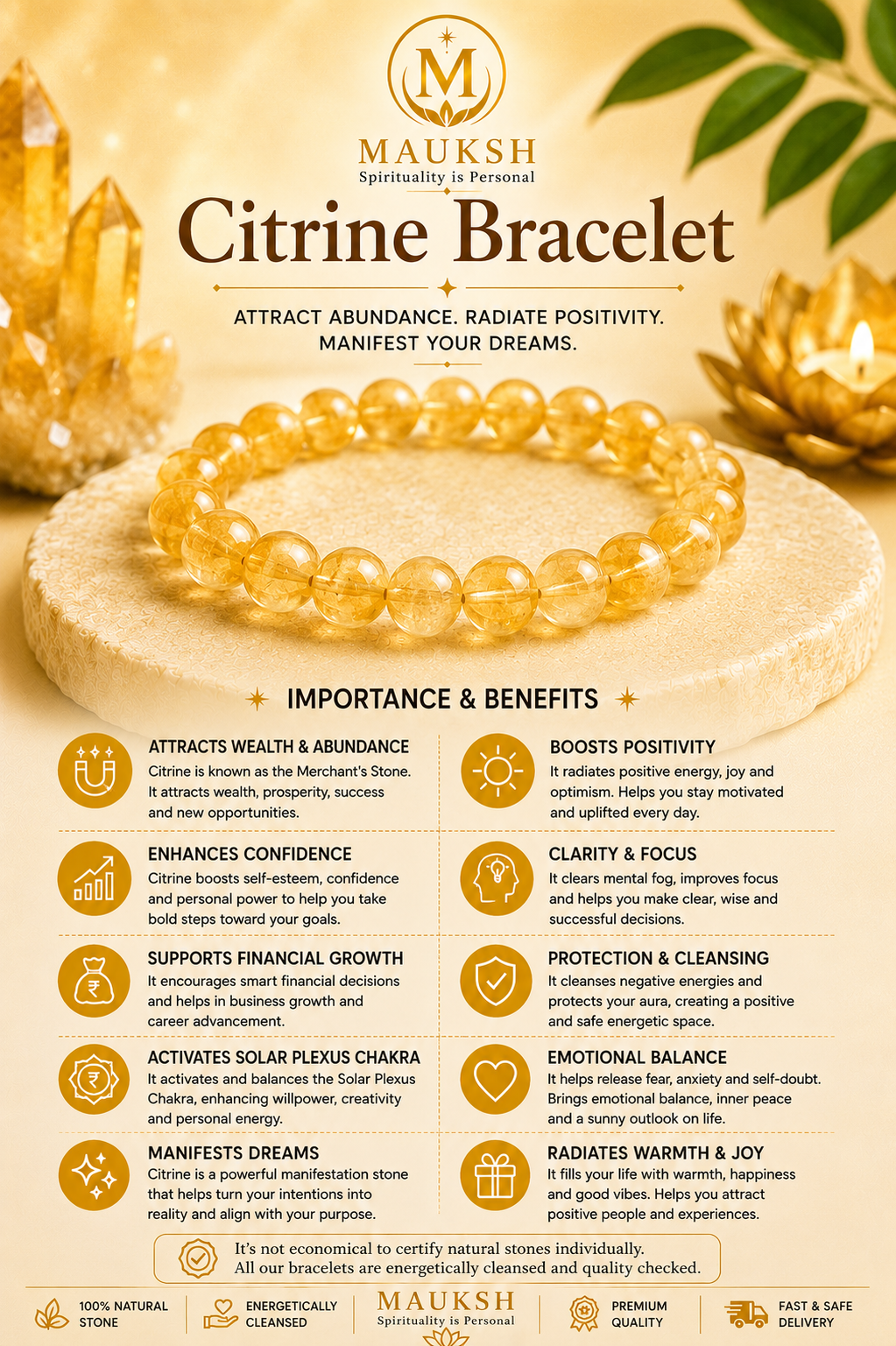 Original Citrine Bracelet with Free Raw Selenite Plate for Prosperity, Confidence & Success | Natural Crystal | Certified | Mauksh