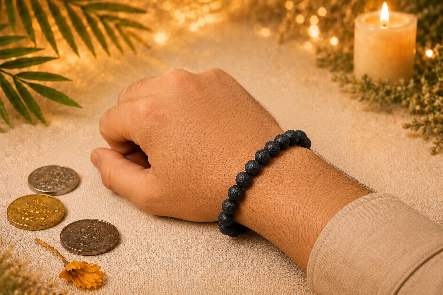 Original Lava Stone Bracelet with Free Raw Selenite Plate for Grounding, Strength & Stability | Natural Crystal | Certified | Mauksh