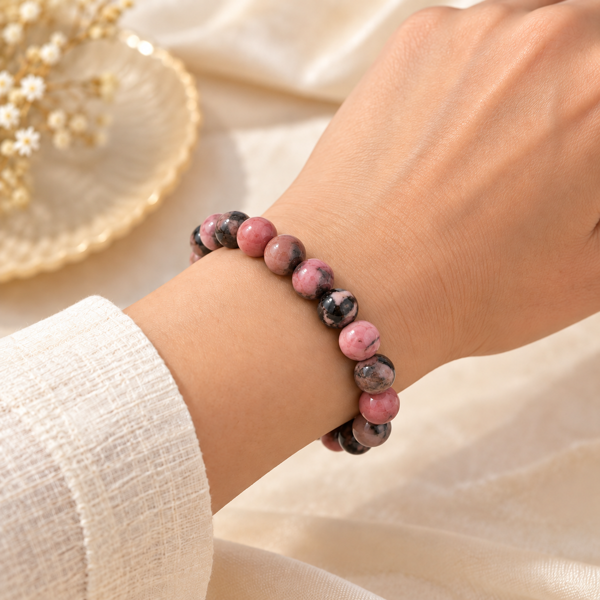 Original Rhodonite Bracelet with Free Raw Selenite Plate for Love, Emotional Balance & Self-Worth | Natural Crystal | Certified | Mauksh