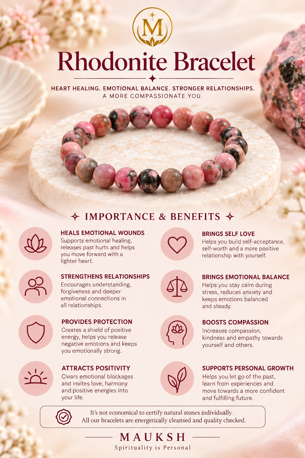 Original Rhodonite Bracelet with Free Raw Selenite Plate for Love, Emotional Balance & Self-Worth | Natural Crystal | Certified | Mauksh