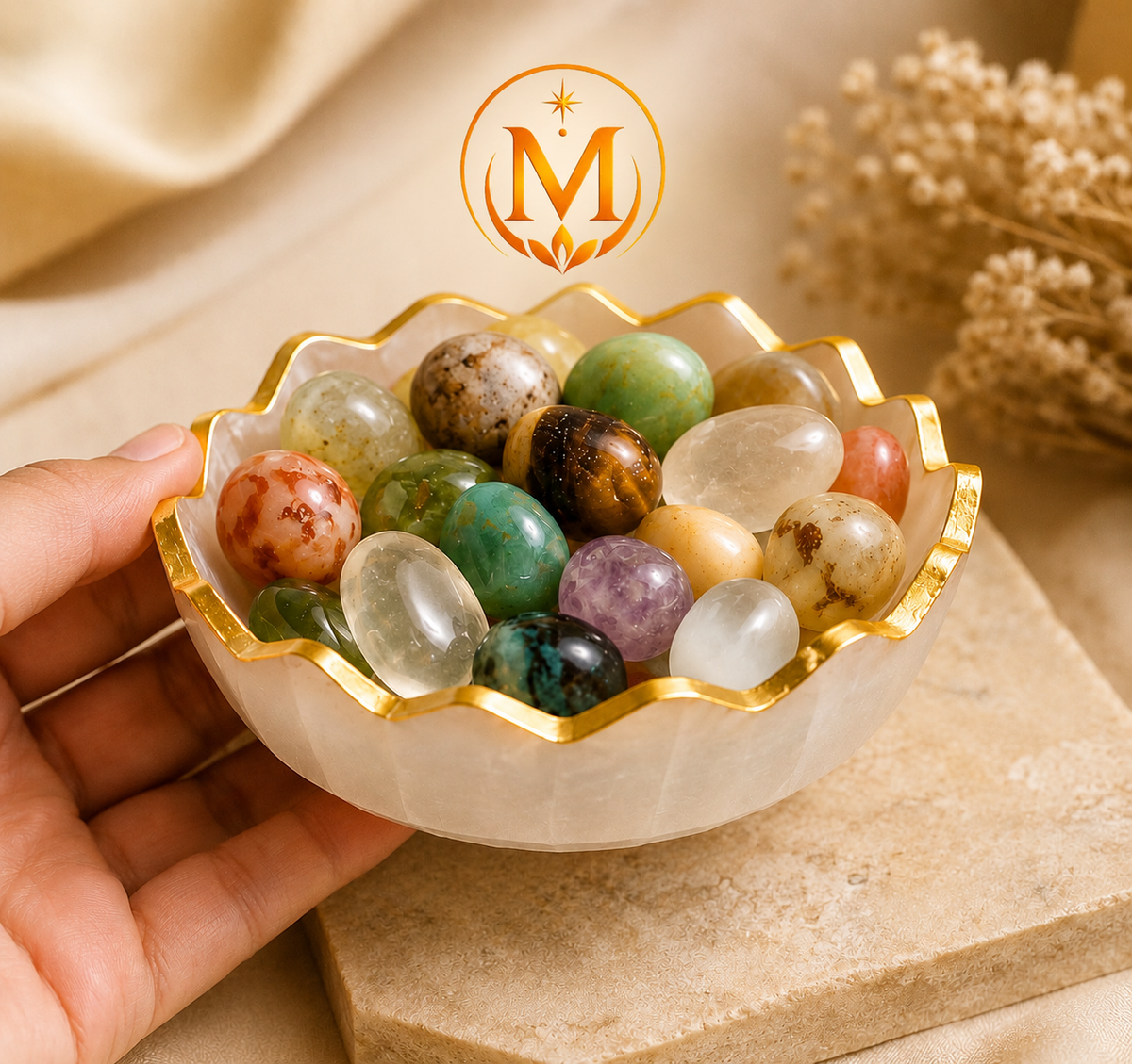 Mauksh Cosmic Energy Bowl with Natural Tumbled Stones & Selenite Bowl | Spiritual Home Décor | Natural