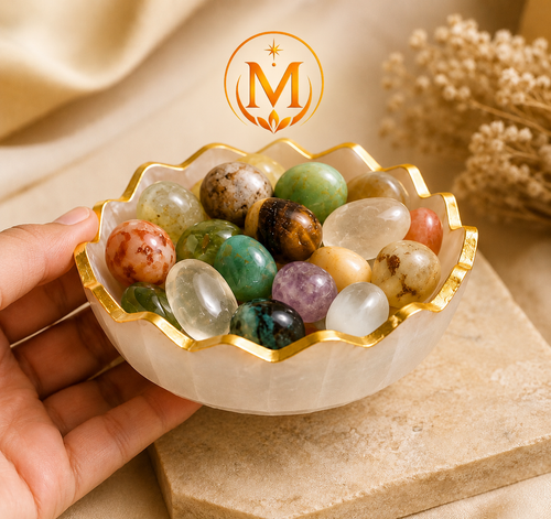 Mauksh Cosmic Energy Bowl with Natural Tumbled Stones & Selenite Bowl | Spiritual Home Décor | Natural