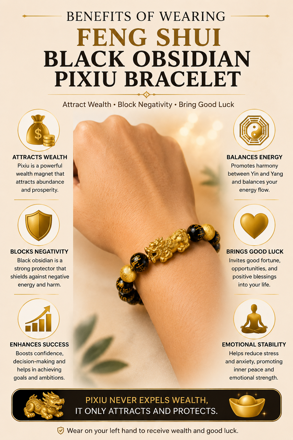 Original Pixiu Bracelet in Natural Black Obsidian – Feng Shui Wealth & Protection | Certified | Mauksh