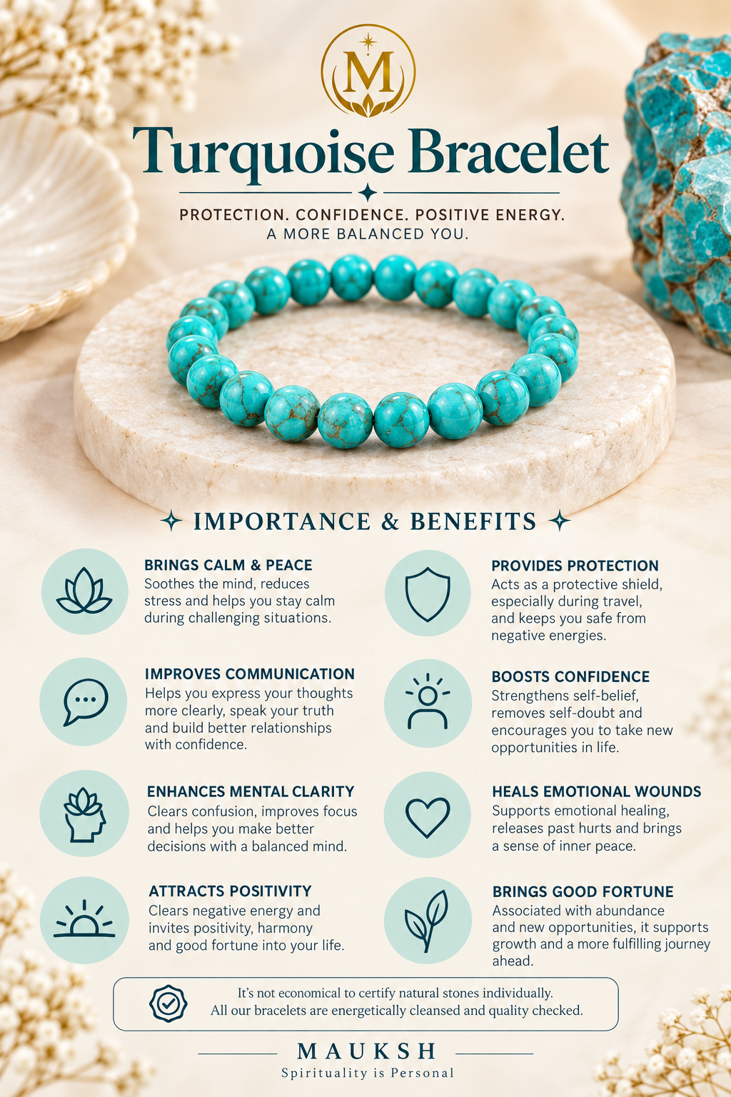 Original Turquoise Bracelet with Free Raw Selenite Plate for Protection, Calm & Communication | Natural Crystal | Certified | Mauksh