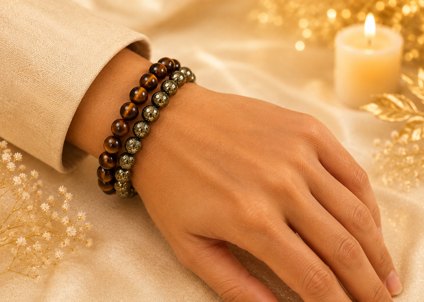 Original Tiger Eye & Pyrite Bracelet Combo for Wealth, Protection & Confidence | Natural Crystals | Certified | Mauksh