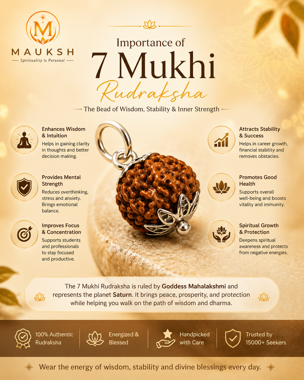 10–13 mm Original 7 Mukhi Nepali Rudraksha | Lightweight Daily Wear Pendant | Natural | Certified | Mauksh