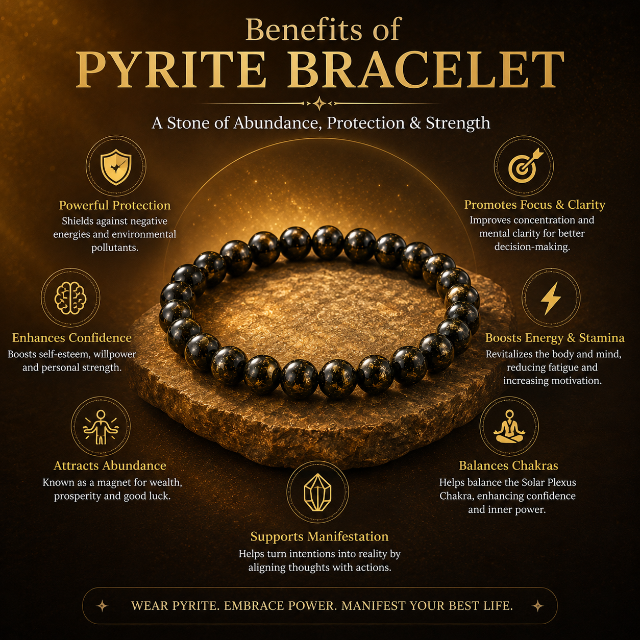 Original Pyrite Bracelet with Free Selenite Plate for Wealth & Money Attraction | Natural Crystal | Certified | Mauksh