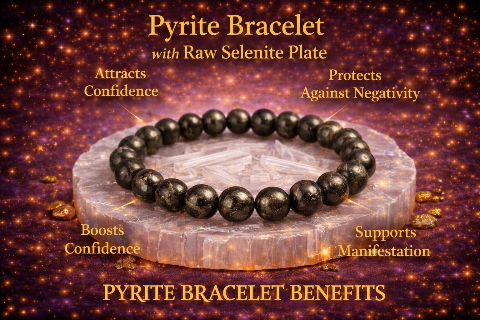 Pyrite Bracelet with Free Selenite Plate for Wealth & Money Attraction | Natural Crystal | Certified | Mauksh