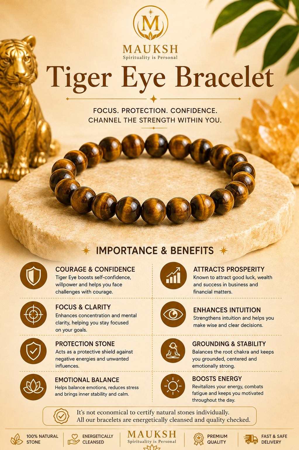 Original Tiger Eye Bracelet with Free Raw Selenite Plate for Courage & Career Success | Natural Crystal | Certified | Mauksh