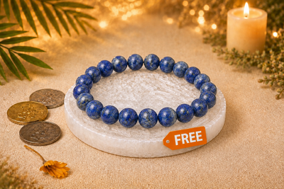 Original Lapis Lazuli Bracelet with Free Raw Selenite Plate for Wisdom & Self Expression | Natural Crystal | Certified | Mauksh
