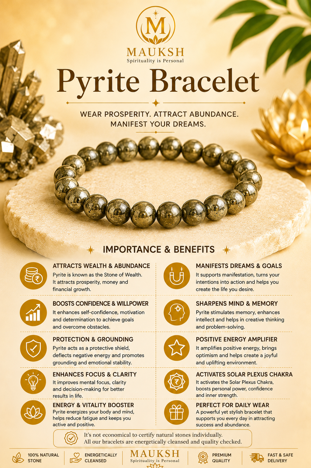 Original Pyrite Bracelet with Free Selenite Plate for Wealth & Money Attraction | Natural Crystal | Certified | Mauksh