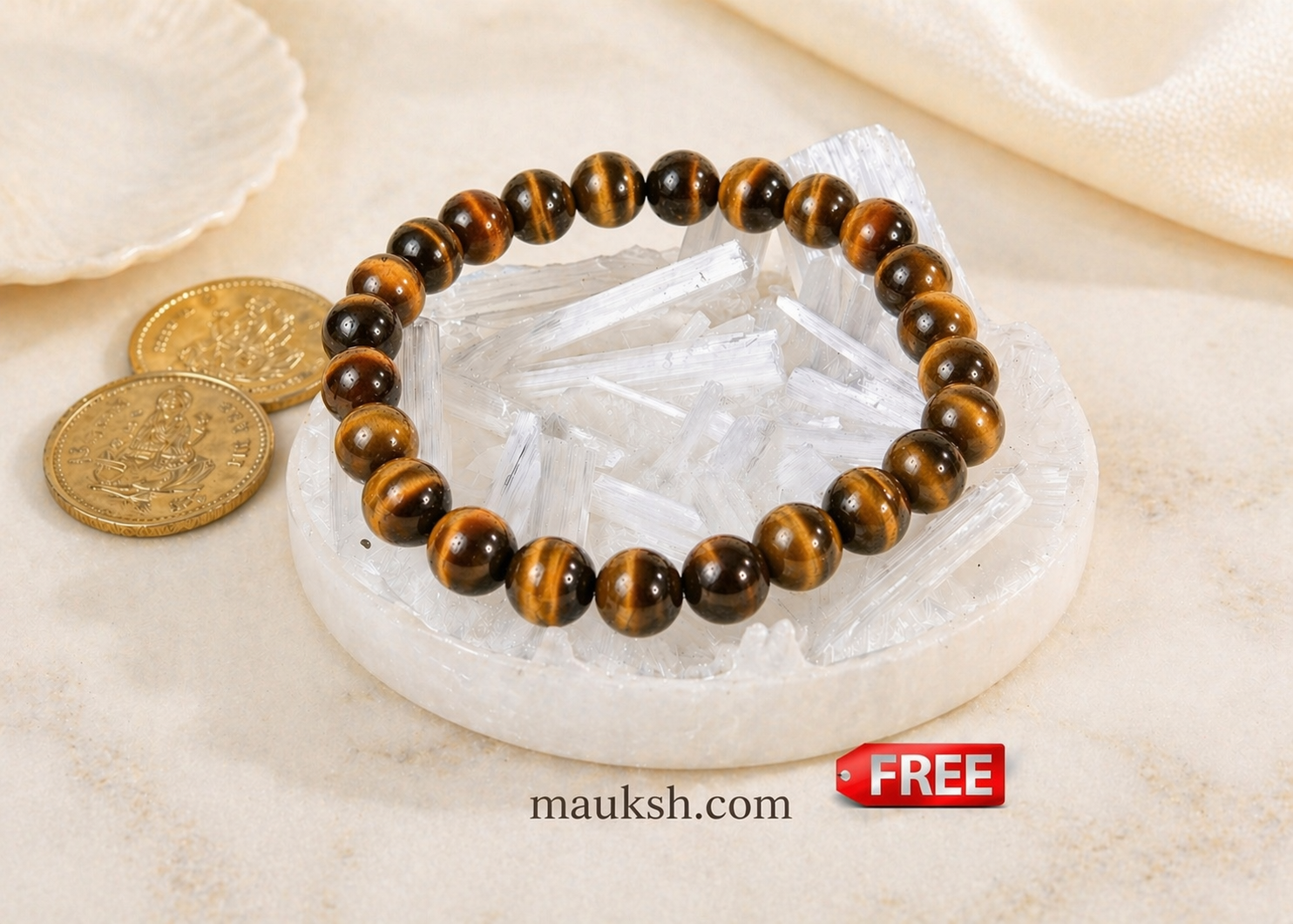 Original Tiger Eye Bracelet with Free Raw Selenite Plate for Courage & Career Success | Natural Crystal | Certified | Mauksh