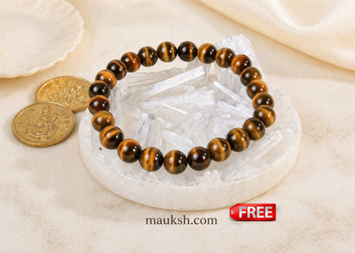 Original Tiger Eye Bracelet with Free Raw Selenite Plate for Courage & Career Success | Natural Crystal | Certified | Mauksh