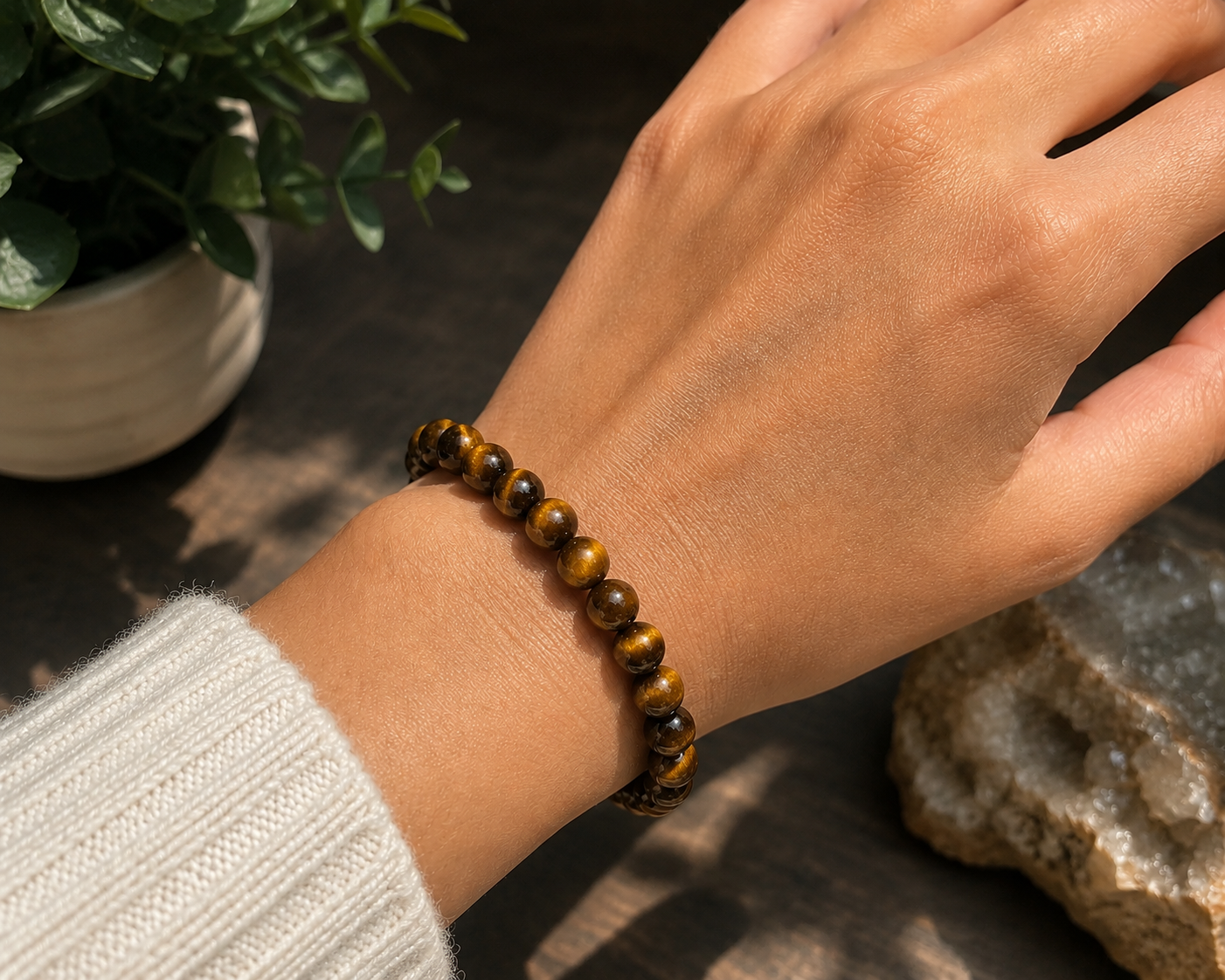 Original Tiger Eye Bracelet with Free Raw Selenite Plate for Courage & Career Success | Natural Crystal | Certified | Mauksh